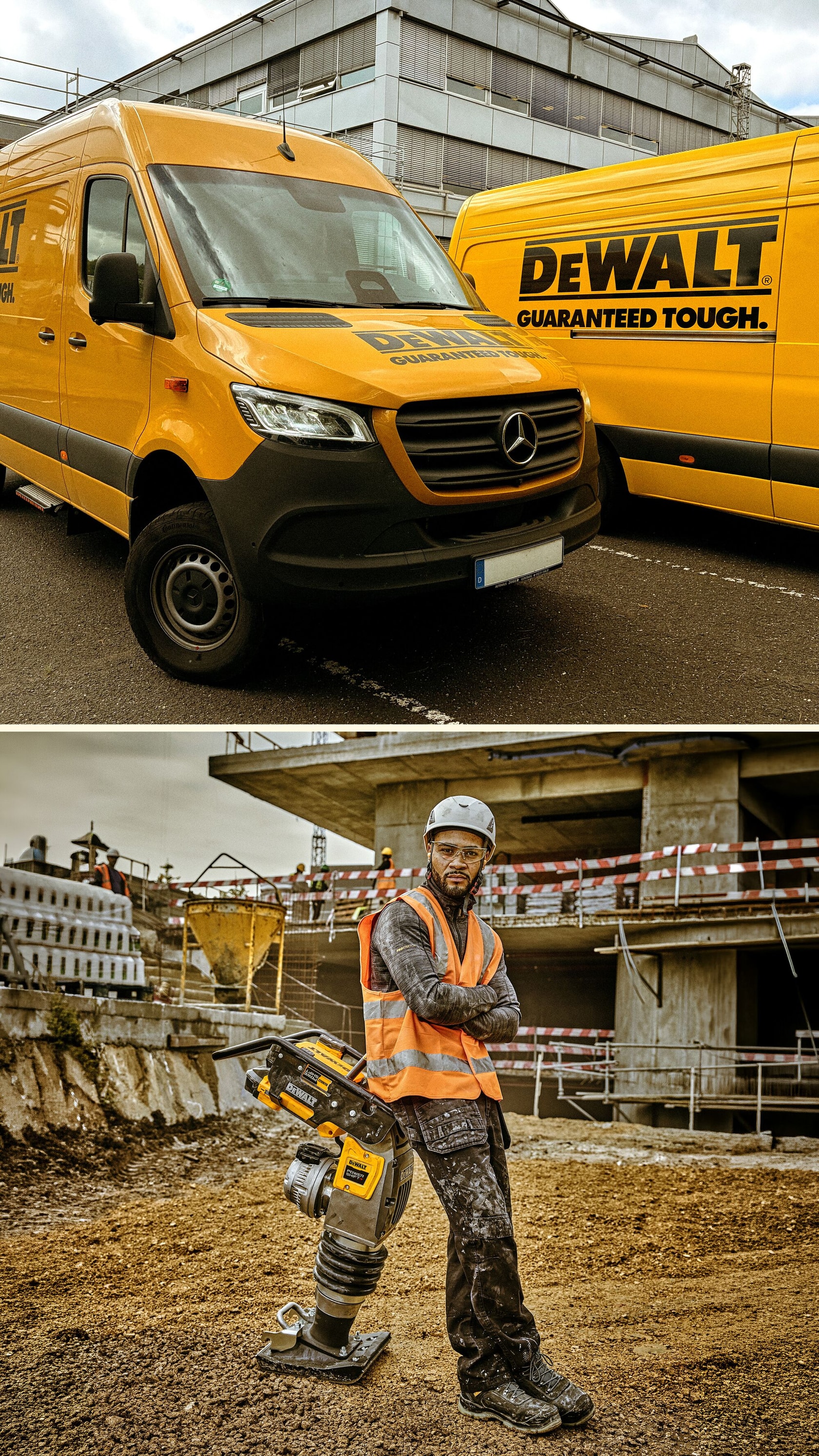 DEWALT-Transporter vor Gebäude und Bauarbeiter mit DEWALT-Gerät auf Baustelle.